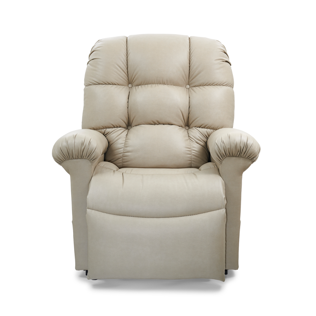 The Golden Tech PR515 Cloud Recliner With Lift Assist, ZG+ & Twilight - SM/MD in beige features a tufted backrest, cushioned armrests, and ergonomic footrest, shown against a white background.